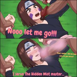    apron brown_hair comic doudoroquian glowing_eyes hypnotic_eyes manip naruto_(series) penis pink_eyes restrained rin_nohara skirt 