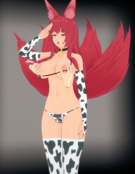 3d anno_(anno) bikini breast_grab breasts cow_girl cow_print empty_eyes groping koikatsu! lactation original red_hair saluting simple_background thehguy
