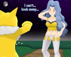 3d animated animated_gif blue_hair cleavage crashtrance dialogue english_text femsub hand_on_head hand_on_hip hypno karen_(pokemon) large_breasts long_hair midriff navel night nintendo outdoors pendulum pokemon pokemon_red_green_blue_and_yellow spiral_eyes text 