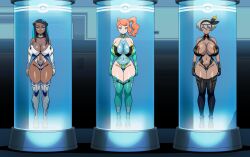  absurdres bea_(pokemon) blue_eyes blue_hair breasts cleavage collar dark_skin empty_eyes expressionless female_only femsub green_eyes grey_eyes grey_hair heart huge_breasts long_hair microchip multicolored_hair multiple_girls multiple_subs navel nessa_(pokemon) nintendo orange_hair pokemon pokemon_sword_and_shield see-through shinzu short_hair side_ponytail sonia_(pokemon) standing standing_at_attention stasis_tank tech_control 