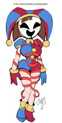 blush bow_tie clown clown_girl female_only femsub gangle_(the_amazing_digital_circus) hugothetroll hypnotic_mask jester living_costume mask pomni possession ribbon signature simple_background smile the_amazing_digital_circus white_background 