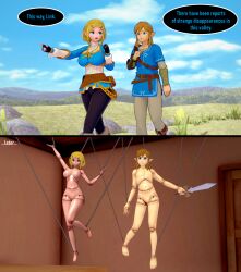  asfr_hans blonde_hair blue_eyes clothed dialogue doll_joints elf elf_ears empty_eyes english_text expressionless femsub instant_loss link malesub multiple_subs nintendo nude princess_zelda puppet puppetization short_hair sword tears_of_the_kingdom text the_legend_of_zelda transformation weapon 
