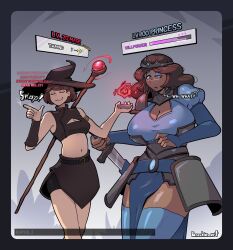  arm_bands armor belt bracers brown_hair brushie_art cleavage cleavage_cutout clothed crop_top crown curly_hair dark_skin dazed earrings eyebrows_visible_through_hair eyeshadow female_only femdom femsub gameplay_mechanics grey_background hat large_breasts leaning_forward lipstick long_hair magic magician makeup midriff navel open_mouth original princess progress_indicator purple_eyes short_hair shorts shoulder_pads side_slits simple_background smug spiral_eyes staff sword symbol_in_eyes text thighhighs weapon witch_hat 