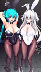  3d ahoge armpits arms_above_head arms_behind_back blue_eyes blue_hair blush bow_tie breasts bunny_ears bunny_girl bunnysuit chains cleavage custom_maid_3d_2 cyan_eyes cyan_hair elf_ears esther_r18 fake_animal_ears huge_breasts large_breasts leggings long_hair looking_at_viewer multiple_girls navel open_mouth shoes standing thick_thighs trapped twintails uchinoko_esther_(esther_r18) white_hair 
