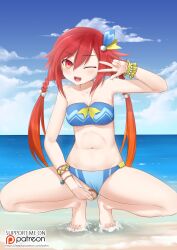 beach bikini female_only femsub glowing glowing_eyes happy_trance hyperdimension_neptunia long_hair looking_at_viewer open_mouth red_eyes red_hair sex_toy solo twintails uzume_tennouboshi v vahn_yourdoom