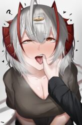 arknights breasts cleavage clothed coin confused demon_girl eroborne female_only femsub finger_in_mouth horns large_breasts orange_eyes pendulum shirt signature simple_background unfocused_eyes w_(arknights) white_hair 