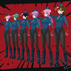  1q001 3d bangs black_hair blue_eyes boots breasts brown_eyes brown_hair dead_or_alive elise_(dead_or_alive) empty_eyes expressionless female_only femsub fingerless_gloves fiona_(dead_or_alive) gloves green_eyes green_hair hat honoka_(doa) leotard long_hair misaki_(dead_or_alive) multiple_girls multiple_subs nanami_(dead_or_alive) pantyhose pink_eyes pink_hair purple_eyes purple_hair red_background saluting shadaloo_dolls short_hair shoulder_pads side_ponytail standing standing_at_attention street_fighter tamaki_(dead_or_alive) tie vroid 
