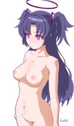  absurdres bangs batta18th blue_archive breasts censored corruption empty_eyes expressionless female_only femsub halo long_hair navel nipples nude pink_eyes purple_hair signature simple_background solo standing standing_at_attention twintails white_background yuuka_(blue_archive) 