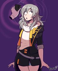  androgynous_dom femsub grey_hair honkai_star_rail phone psyfly purple_background skirt spiral standing stelle_(honkai_star_rail) surprised 