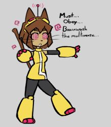  animal_ears antenna brown_hair cat_ears cat_girl drool female_only femsub furry gameoverse gauntlets goggles goggles_on_head grey_background kit_bodega_(gameoverse) open_mouth red_eyes short_hair simple_background skecchyartist spiral spiral_eyes spiralwash_eyes tail text zombie_walk 