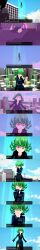 absurdres accidental_hypnosis anoni_hypno aware black_hair closed_eyes clothed dialogue english_text eye_color_change glasses green_eyes green_hair one_punch_man short_hair spiral spiral_eyes sweat tatsumaki_(one_punch_man) text 