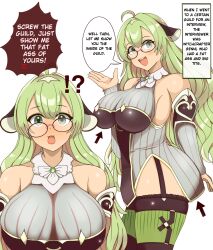  absurdres ahoge arm_warmers bare_shoulders blush breasts cleavage clothed confused dialogue english_text espkiriyama female_only garter_straps glasses green_eyes green_hair hard_translated huge_breasts long_hair simple_background smile speech_bubble surprised text thighhighs translated white_background witchcrafter_genni yu-gi-oh! 