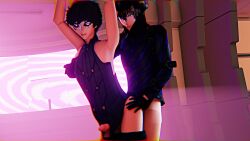  3d after_sex amateurthrowaway animated cum cum_on_face from_behind goro_akechi joker_(persona_5) male_only maledom malesub persona_(series) persona_5 sound standing video yaoi 