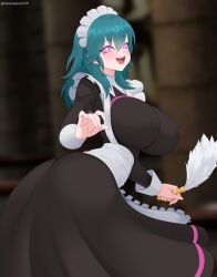  ass blue_hair blush byleth_eisner cleaning deepspaceart dress erect_nipples_under_clothes eyebrows_visible_through_hair female_only femsub fire_emblem fire_emblem_three_houses glowing_eyes happy_trance huge_breasts long_hair long_skirt looking_at_viewer maid maid_headdress nintendo pink_eyes smile solo 