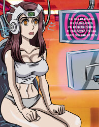absurdres breasts brown_hair cables cleavage empty_eyes expressionless female_only femsub long_hair original tech_control text zorro-zero