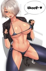  absurdres angel_(king_of_fighters) blue_eyes breasts cameltoe clydethemouse dog_pose empty_eyes femsub hair_covering_one_eye happy_trance king_of_fighters looking_at_viewer manip micro_bikini panting pet_play simple_background sitting smile solo squatting text tongue tongue_out white_hair 