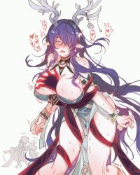 antlers bare_legs blush bondage breasts cleavage closed_eyes dimshibe dress elf_ears femsub floating genshin_impact groping hair_covering_one_eye heart large_breasts lauma love lumine_(genshin_impact) maledom mind_break paimon_(genshin_impact) purple_hair rerir restrained sex speech_bubble sweat symbol tentacle_sex tentacles thighs wings