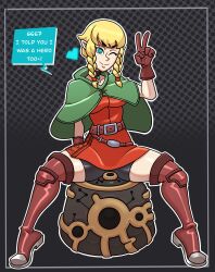  absurdres blonde_hair blue_eyes braid breath_of_the_wild collar collarbone corruption elf_ears enemy_conversion female_only gloves hyrule_warriors linkle nintendo owl_pie short_hair shorts simple_background sitting smile speech_bubble spread_legs tagme text the_legend_of_zelda thigh_boots v 