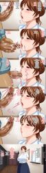 absurdres altered_common_sense brown_hair censored cheating clothed cum cum_on_face dialogue english_text fellatio femsub hard_translated huge_cock large_penis maledom megumi_mazaki milf mr._manager_(saimin_reifu) netorare one_eye_open oral orgasm penis red_eyes saimin_reifu short_hair text tomite translated