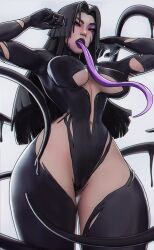  alien arms_above_head black_hair breasts facial_markings femsub large_breasts lipstick long_hair long_tongue marvel_comics marvel_rivals navel non-binary non-binary_dom parasite possession psylocke purple_lipstick sfrinzy simple_background spider-man_(series) symbiote thighhighs tongue tongue_out venom_(marvel) white_background x-men 