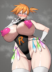  blush breasts cameltoe condom_accessories enemy_conversion femsub gloves glowing glowing_eyes heart heart_eyes huge_breasts leotard looking_at_viewer misty nintendo nipples orange_hair pasties pink_eyes pokemon pokemon_let&#039;s_go short_hair side_ponytail smile symbol_in_eyes tanaken team_rocket thick_thighs thighhighs tomboy topless used_condom v wide_hips 