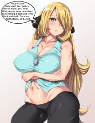  blonde_hair blush breasts cleavage cynthia empty_eyes erect_nipples female_only femsub grey_eyes hair_covering_one_eye holding_breasts icontrol_(manipper) large_breasts long_hair looking_at_viewer manip midriff moisture_(chichi) navel nintendo open_mouth pants pokemon pokemon_diamond_pearl_and_platinum shirt text 