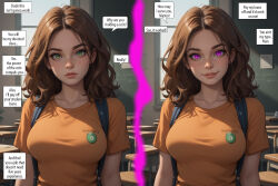 ai_art before_and_after brown_hair caption glowing_eyes gregory_michelson_(generator) humor large_breasts