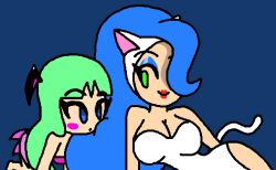  all_fours alternate_costume bare_shoulders bimbofication blue_background blue_eyes blue_hair blush breasts capcom cat_ears cat_girl cleavage clothed costume darkstalkers dress empty_eyes eyeshadow felicia_(darkstalkers) femsub green_eyes green_hair hypnoscream large_breasts lipstick long_hair lying makeup morrigan_aensland posed posing red_lipstick simple_background story succubus tagme tail wings 