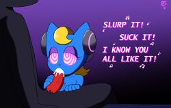 blonde_hair bottomless cat_girl cum cum_in_mouth dr._chaos fellatio femsub furry glowing glowing_eyes headphones hypnotic_audio hypnotic_music katy_kat maledom nude oral parappa_the_rapper penis ring_eyes simple_background tech_control text topless