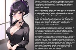  ai_art black_hair breasts caption caption_only cleavage female_only femdom hypnotic_breasts large_breasts manip office_lady original pov pov_sub purple_eyes purple_hair smile text 