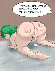  absurdres all_fours altered_common_sense anus ass bangs barefoot before_and_after body_writing comic cum cum_in_ass cum_in_pussy dialogue eye_roll femsub fijin green_eyes green_hair nude one_punch_man pussy short_hair speech_bubble tatsumaki_(one_punch_man) text 