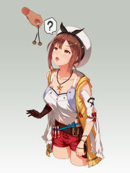 absurdres atelier_(series) atelier_ryza bike_shorts breasts brown_eyes brown_hair coin confused femsub large_breasts pendulum radjeong reisalin_stout short_shorts shorts