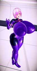  3d before_and_after blush bodysuit breast_expansion breasts collar custom_maid_3d_2 empty_eyes evil_smile fate/grand_order fate_(series) female_only femsub happy_trance huge_breasts hyper_breasts lipstick mashu_kyrielight pink_hair purple_eyes purple_lipstick rubber short_hair smile solo standing thick_thighs yukoruni 