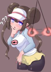  absurdres blue_eyes blush breasts brown_hair coin confused double_hair_bun female_only femsub flamberge_lo hair_buns hat large_breasts long_hair miniskirt nintendo open_mouth pendulum pokemon pokemon_black_and_white_2 rosa_(pokemon) simple_background skirt solo sweat tongue twintails 