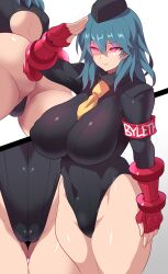  absurdres ass blue_hair breasts byleth_eisner cameltoe erect_nipples expressionless femsub fire_emblem fire_emblem_heroes fire_emblem_three_houses gloves glowing glowing_eyes konno_tohiro large_breasts nintendo opera_gloves red_eyes saluting shadaloo_dolls standing standing_at_attention street_fighter text 