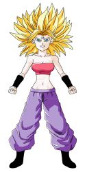 blonde_hair breasts caulifla doudile dragon_ball dragon_ball_super evil_smile female_only green_eyes large_breasts long_hair smile tattoo watermark white_background