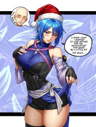 androgynous_dom aqua_(kingdom_hearts) bald bare_shoulders blue_eyes blue_hair blush breasts christmas clothed dialogue disney embarrassed english_text femsub fingerless_gloves gloves kingdom_hearts large_breasts no_eyes possession santa_hat short_hair speech_bubble square_enix text thick_thighs thighs umbra_callistis your_character_here