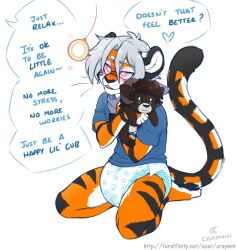 age_regression blue_hair craymin dialogue diaper furry happy_trance male_only malesub original pendulum poofy_diaper stuffed_animal text tiger_boy
