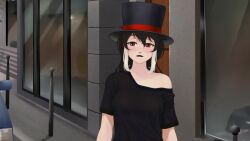  accidental_hypnosis animated bare_shoulders black_hair changer_(character) chien_vietnam femsub humor multicolored_hair original red_eyes sound top_hat turning_the_tables video voice_acted white_hair 