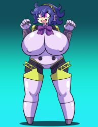  aegis_(persona) breast_expansion breasts cleavage corruption female_only femsub glowing glowing_eyes happy_trance headphones hex_maniac hexification huge_breasts large_hips nintendo persona_(series) persona_3 pokemon pokemon_x_and_y prinnydood purple_eyes purple_hair robot robot_girl short_hair smile solo spiral_eyes standing symbol_in_eyes 