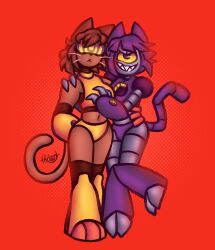 animal_ears arms_behind_back bad_end bikini boots bra bracers brown_hair cat_ears cat_girl cyclops defeated evil_smile female_only femdom femsub furry gameoverse hug hyp3nny kit_bodega_(gameoverse) malice_(gameoverse) panties purple_eyes purple_hair red_background robot_girl short_hair shoulder_pads simple_background smile spiral standing tail thighhighs visor wide_hips yellow_sclera 