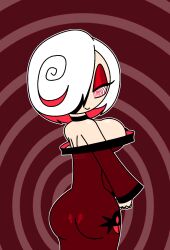 aged_up alternate_costume bare_shoulders choker dress eyelashes eyeshadow female_only femsub hair_covering_one_eye happy_trance hypnoscream large_ass large_breasts looking_at_viewer looking_back multicolored_hair pov_dom red_background red_eyes ring_background ring_eyes sage_(sonic_frontiers) seductive_smile shiny_skin sideboob simple_background smile solo sonic_the_hedgehog_(series)