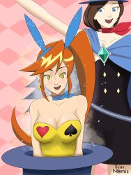 absurdres ace_attorney athena_cykes blue_eyes breasts brown_hair bunny_ears bunnysuit choker cleavage earrings fake_animal_ears femdom femsub happy_trance hat jewelry large_breasts magician orange_hair ponytail spiral_eyes syas-nomis symbol_in_eyes trucy_wright yellow_eyes