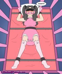34qucker absurdres black_hair blindfold blush bondage breasts diaper fate/stay_night fate_(series) gag hair_ribbon headphones large_breasts mittens pacifier resisting ribbon rin_tohsaka socks thighhighs twintails