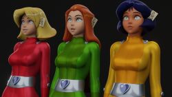  alex black_hair blonde_hair blue_eyes bodysuit breasts card clover eh expressionless female_only femsub green_eyes happy_trance large_breasts long_hair mad_hatter multiple_girls multiple_subs orange_hair sam short_hair shrunken_irises simple_background smile standing standing_at_attention totally_spies 