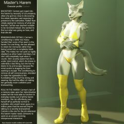  3d assertive_sub aware caption crossed_arms femsub furry happy_trance harem high_heels hypnotized_assistant original smile tail text thalarynth_(manipper) thigh_boots wolf_girl 