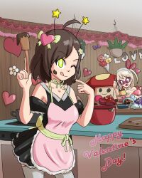  antenna_(biology) apron bappy_(hypnolandom) bare_shoulders choker cygames english_text eye_color_change fairy female_only femdom femsub food green_eyes heart liling_(bluenayru) looking_at_viewer mythkaz nao_(world_flipper) one_eye_open original possession red_eyes smile stella_(world_flipper) symbol text tongue tongue_out valentine's_day wink world_flipper 