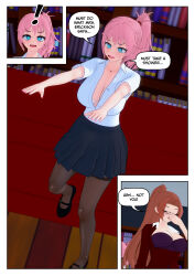 clothed comic crystal_(zko) femdom femsub green_eyes maledom mrs._erickson_(zko) open_clothes pink_hair pocket_watch ponytail rollb spiral_eyes text zko zombie_walk