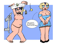  armpits bare_shoulders before_and_after blue_background border breast_expansion breasts chubby cleavage dazed dress drool eye_color_change femsub girl_who_stinks_good hair_color_change happy_trance lipstick makeup meme multicolored_hair nail_polish needleman nipples nude original pendulum piercing sexism simple_background stepfordization text undressing 