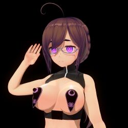  3d ahoge black_background breasts brown_hair custom_maid_3d_2 dead_source erect_nipples erect_nipples_under_clothes expressionless glasses glowing_eyes open_clothes otu02 pasties ponytail saluting simple_background tech_control 
